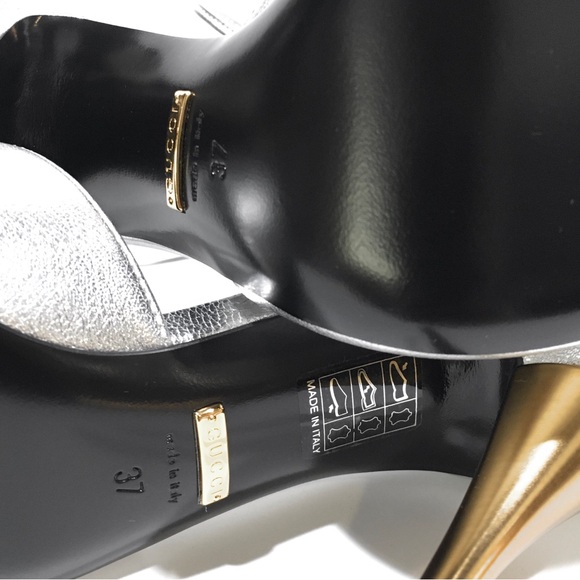 GUCCI ANKLE CUFF PUMPS -SILVER LEATHER / GOLD HEELS -US 7 -NEW - Picture 13 of 13